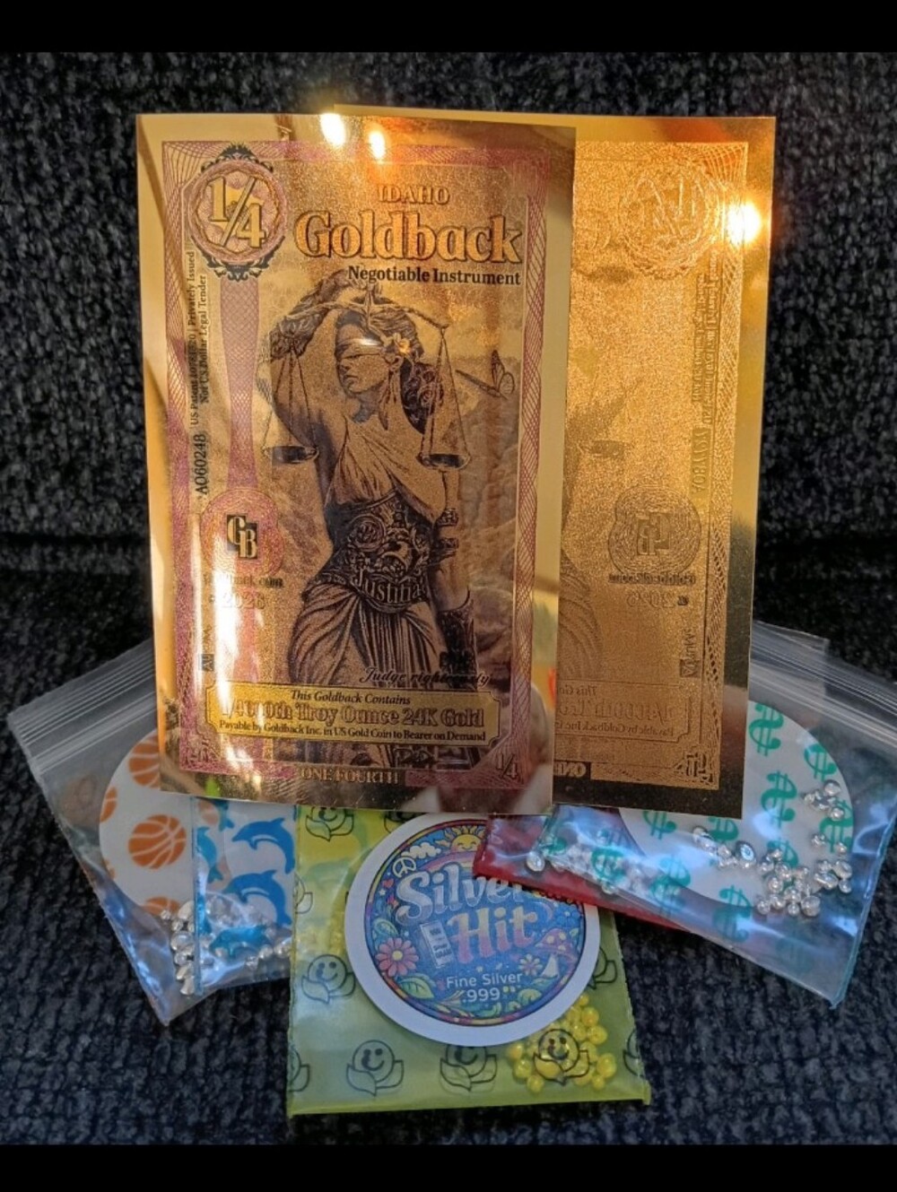 BULLION SET 1/4 Idaho Goldback Notes 24k Gold + 5 GRAMS 999 Silver Shot Nuggets